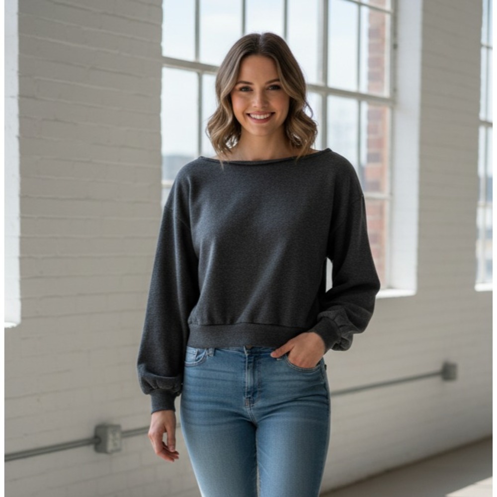 Two By Vince Camuto Sweatshirt Womens S Petite Gray‎ Cotton Stretch Boat Neck